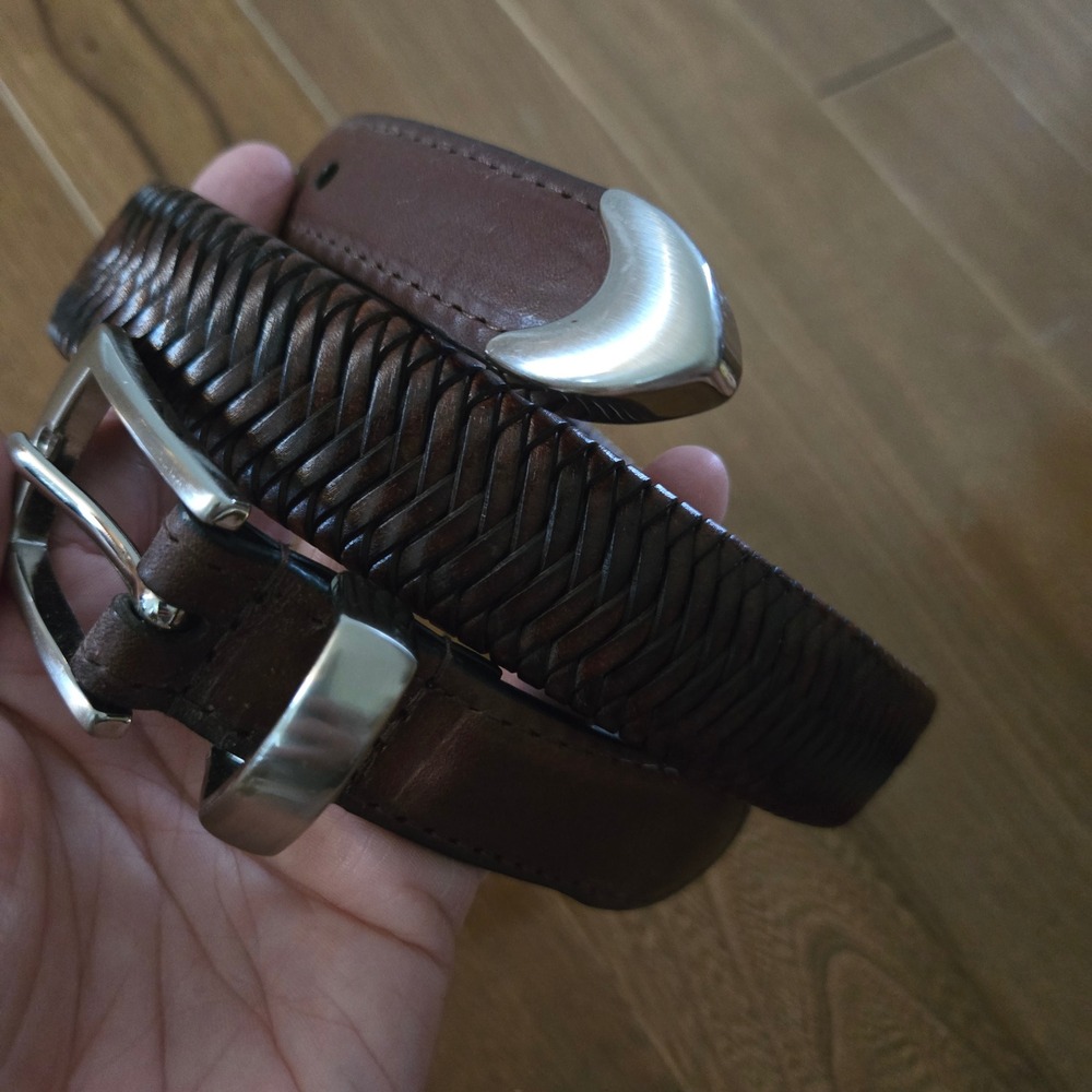 Mens Brown Braided Genuine Leather Belt Silver Buckle Metal Tip 34 Western